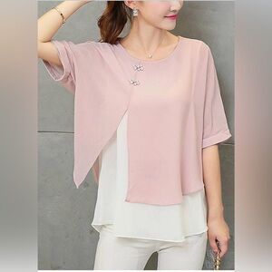 Tian Shun Women’s Round Neck Pink Fake Two Piece Twinset, size XL